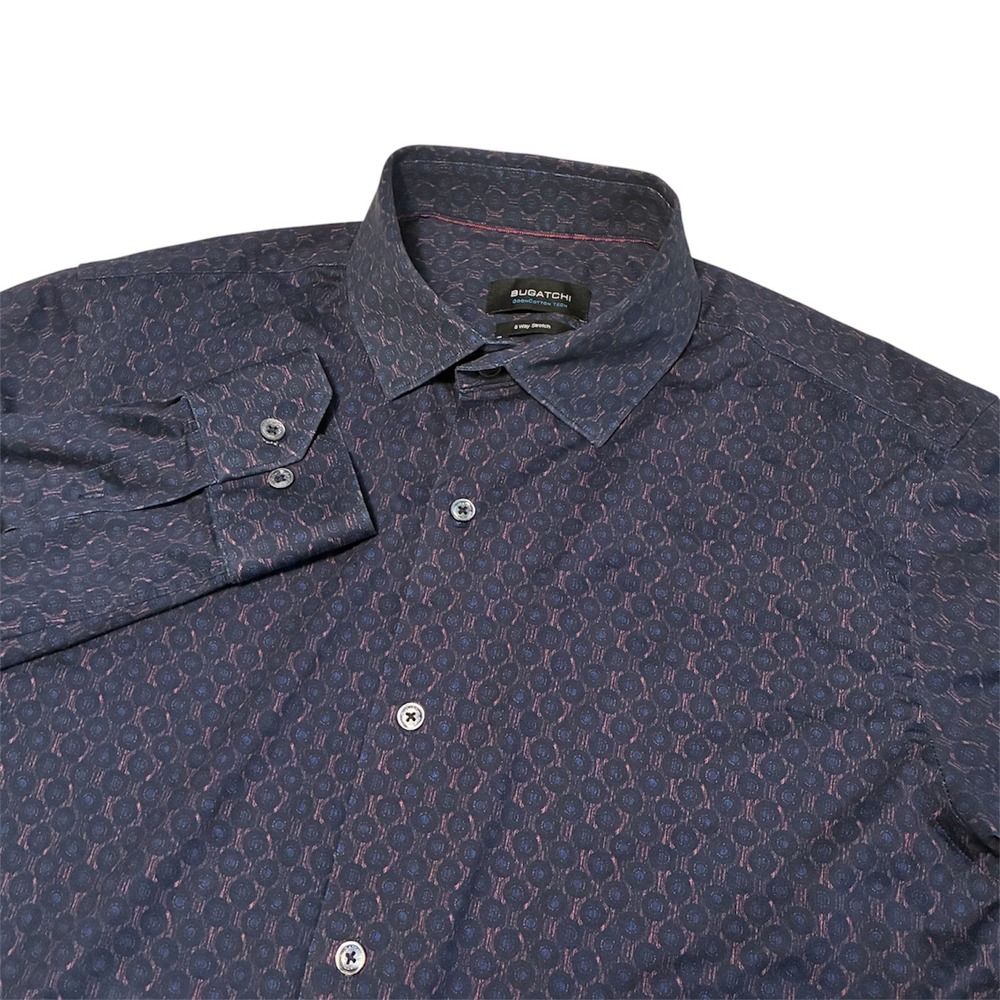 Bugatchi Mens Navy Blue OoohCotton Tech Geometric Print 8-Way Stretch Shirt L